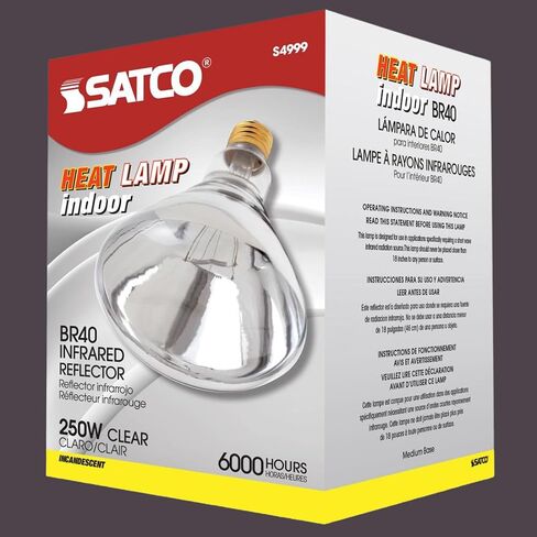 Satco S4999-250 Watt BR40 Heat Lamp Bulb, Clear Finish, Incandescent Reflector, Medium E26 Base, 2700K Warm White, 120V, Dimmable, 6000 Hour Life, CSAus Listed (2 Pack) in Kuwait