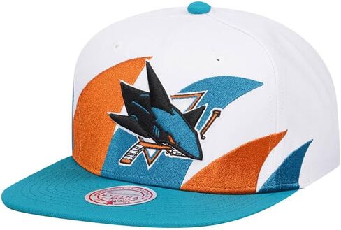 قبعة ميتشل آند نيس سان خوسيه شاركس الجديدة NHL Vintage Sharktooth باللون الأبيض والأسود باللون الأزرق المخضر Snapback Era Hat in Kuwait