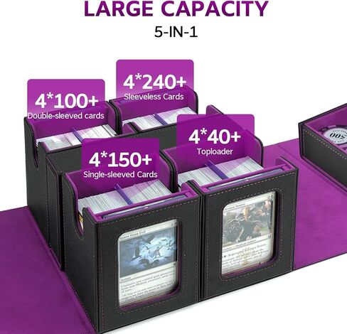 صندوق سطح القائد لـ MTG، صندوق تخزين بطاقات التداول يناسب أكثر من 400 بطاقة مزدوجة الأكمام، حقيبة سطح قابلة للإزالة 5 في 1 متعددة الأغراض مع صينية النرد، نافذة عرض لبطاقة TCG/الرياضة (أسود أرجواني) in Kuwait