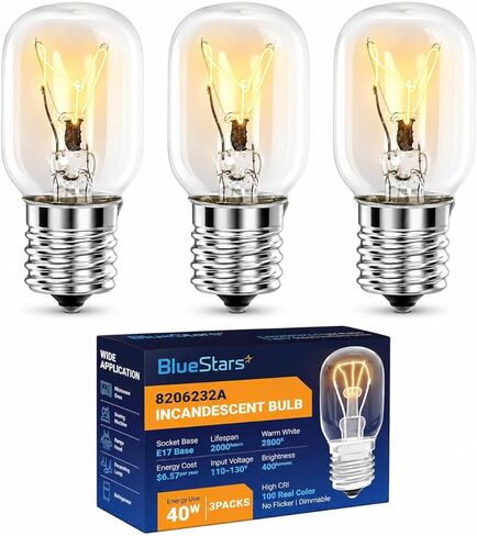 BlueStars (2 عبوات + 1 مجانًا) 8206232A لمبة 40 وات 125 فولت لمبات إضاءة فرن الميكروويف تحت غطاء المحرك، لمبة الميكروويف E17 تناسب مصابيح الحمم البركانية ومصابيح الملح - يستبدل 1890433 8206232 AP4512653 in Kuwait