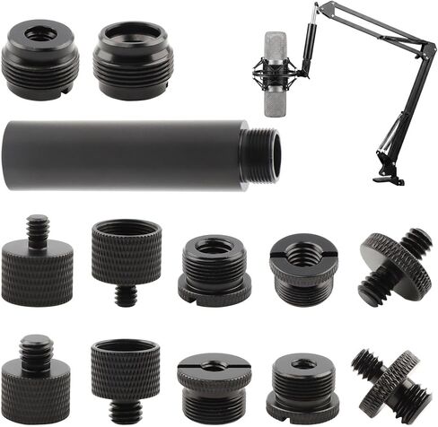 13-Pack Microphone Stand Adapter Set with Extension Tube, 3/8 to 5/8 and 1/4 Threaded Screw Mount, Black Aluminum Alloy for Mic Boom Arm, Tripod, Projector Stand and Lighting Equipment in Kuwait