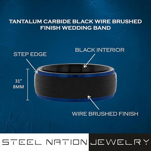 Men’s Tantalum Carbide 8mm Black Wire Brushed Finish w/Step Edge & Black Interior Wedding Band, Mens Ring in Saudi Arabia