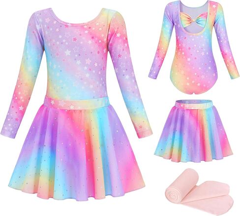 MdnMd Toddler Girl's Ballet Long Sleeve Leotards Dance Tights Skirt Combo Bow Back Star Meteor Dresses Outfit in Saudi Arabia