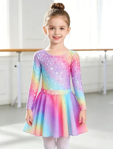 MdnMd Toddler Girl's Ballet Long Sleeve Leotards Dance Tights Skirt Combo Bow Back Star Meteor Dresses Outfit in Saudi Arabia