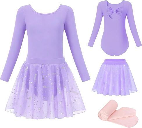 MdnMd Toddler Girl's Ballet Long Sleeve Leotards Dance Tights Skirt Combo Bow Back Star Meteor Dresses Outfit in Saudi Arabia