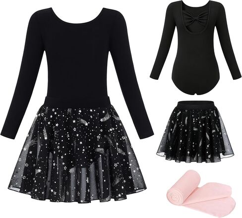 MdnMd Toddler Girl's Ballet Long Sleeve Leotards Dance Tights Skirt Combo Bow Back Star Meteor Dresses Outfit in Saudi Arabia