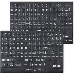 2 Pack Universal English Computer Stickers Keyboard Replacement Letters English Stickers Big Matte English Alphabet Full Set Computer Black Background with White Letteringfor Laptop Desktop