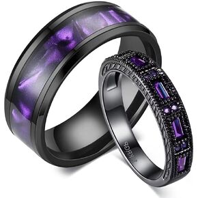 His and Hers Couple Rings,18K Black Gold Filled Womens Eternity Wedding Ring Purple Cubic Zirconia Cz,8mm Titanium Steel Mens Classics Wedding Bands