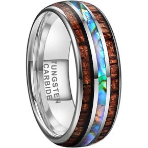 8mm Silver/Black/Gunmetal Tungsten Rings for Men Women Koa Wood Abalone Shell Inlay Engagement Wedding Bands Fashion Jewelry Domed Polished Shiny Comfort Fit