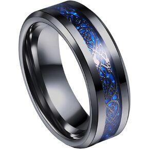 8mm Blue Black Dragon Pattern Beveled Edges Celtic Rings Jewelry Wedding Band For Men 7-14