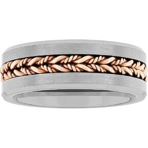 Tantalum Carbide 8mm Silver Tone Brushed Finish with Rose Gold Tone Braided Center Men’s Wedding Band Ring