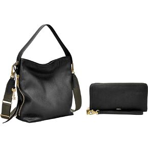 Fossil Women's Maya Leather Small Hobo Handbag, Black with Women's Logan Faux Leather RFID Zip Around Clutch Wallet, Black