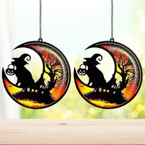 Fhiny Cat Memorial Suncatcher, 2 Pack Memorial Gift for Cat Lovers Loss of Cat Sympathy Gift Kitty on Moon Pet Remembrance Gifts Hanging Window Decor for Pet Christmas Halloween Suncatcher (Cat A)