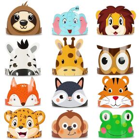 chiazllta 12 Pieces Jungle Safari Hats Wild One Birthday Paper Crowns Zoo Animal Party Headbands for Kids, Jungle Photo Booth Props Favor Supplies Decorations