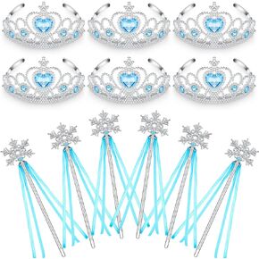 12 Pcs Princess Crowns Tiara and Wand for Little Girl Silver Heart Jewel Plastic Tiara Theme Winter Wand for Birthday (Blue, Heart Style)