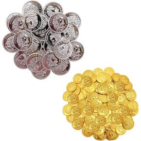 Toyvian 200Pcs Pirate Treasure Coin Plastic Treasure Coins Gold Silver Pirate Coin Pirate Treasure Chest Toy Pirate Game Chips