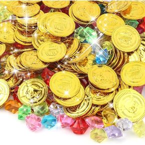 240 Pcs Pirate Gold Coins and Pirate Gems Jewelry Set, Plastic Gold Coins Colored Gems Playset, Pirate Treasure Pirate Party Decorations for Pirate Adventure Themed Party(120 Coins+120 Gems) in Kuwait