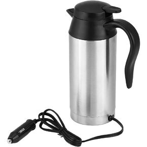 Electric Kettle, 25 Oz Stainless Steel Car Kettle Boiler Portable Road Trip Travel Heating Cup Coffee Tea Warmer Cup Thermoses Powered by 12V Cigarette Lighter Plug, 750ML