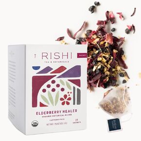 Rishi Tea Elderberry Healer Herbal Tea | USDA Organic Direct Trade Sachet Tea Bags, Certified Kosher, Caffeine Free Elderberry with Ginger Root, Hibiscus Flowers, & Licorice Root | 15 Count (Pack of 6) in Kuwait