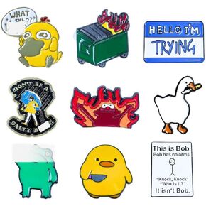 9 PC Funny Pins Fun Enamel Pin Set Sarcastic Cool Cute Metal Lapel for Adults Backpacks Bag Hat Lanyard Buttons Vest This is Fine Dumpster Fire Frog Bob Salty Duck Goose Novelty Accessories