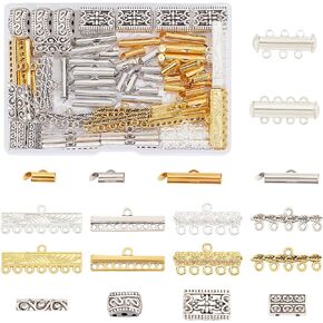 PH PandaHall 18 Styles Layering Clasp, 166pcs Slide Lock Clasps Multi Strand Necklace Slide On End Clasp Tubes Tibetan Charm Connector Links Jewelry Clasps for Layered Bracelet Necklace Crafts