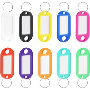 LOKIPA 50 PCS Key Tags with Labels, 10 Colors Plastic Key Tags with Rings Key Chain Label for Name, Luggage, Bags, Backpack, and Office Key Labels, Writable Paper Card Stick Tags