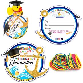 Duck Tags, Cruising Rubber Duck Tags, Duck Tags for Cruising, Duck Ducking Game Card, 35 Pack, 2.6x3.4" inches, Graduation Theme Cruise Duck Tag Design, with Hole and Rubber Bands(3CD37)