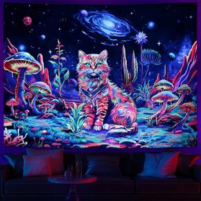 Generleo Blacklight Cat Tapestry UV Reactive Mushroom Tapestry Fantasy Plant Floral Wall Tapestry Planet Mountain Tapestry Mysterious Galaxy Space Tapestry Wall Hanging for Bedroom Decor