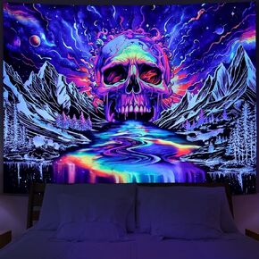 Blacklight Skull Tapestry Trippy Mountain Tapestry UV Reactive Galaxy Planet Tapestry Magic Neon River Wall Hanging Aesthetic Skeleton Tapestry Forest Trees Landscape Tapestry for Living Room