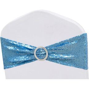 Double-Sided Sequins Blue Chair Sashes for Wedding Decor, Blue Sequin Chair Bands with Silver Buckles, Sequin Chair Sashes Bows for Party Ceremony Event Chair Decorations - 50 Pack