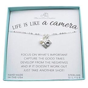 Camera Charm Silver Pendant Necklace for Women Accented with a Crystal Pearl .925 Sterling Silver, Gift for Photographer, Photographer Gifts