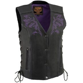 Milwaukee Leather ML1296 Women's Black Leather Side Lace Motorcycle Rider Vest- Reflective Piping and Black Skulls
