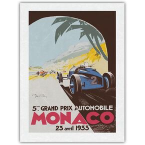 سباق الجائزة الكبرى الخامس موناكو 1933 - سباق سيارات الفورمولا واحد - ملصق رياضي عتيق من جيو هام (جورج هامل) ج.1933 - طباعة فنية رئيسية (غير مؤطرة) 12 بوصة × 18 بوصة
