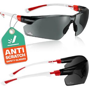 NoCry Work and Sports Safety Sunglasses with Green Tinted Scratch Resistant Wrap-Around Lenses and No-Slip Grips, UV 400 Protection. Adjustable, Black & Red Frames (10 pack)