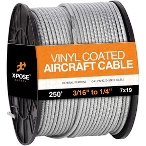 Xpose Safety - 7x19 Vinyl Coated Galvanized Steel Aircraft Cable Wire - 3/16 In - 1/4 In - 250' Reel - for Pulley System or Winch Loop - Marine Wire, Cable Railing, Deck Railing, Fencing