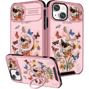 (2in1 for iPhone 15 Case for Boys Cute Men Phone Cover Cool Fun Funny Cartoon Game Kids Girls Black Unique Design with Camera Cover and Ring Stand Funda for Apple iPhone 15 Cases