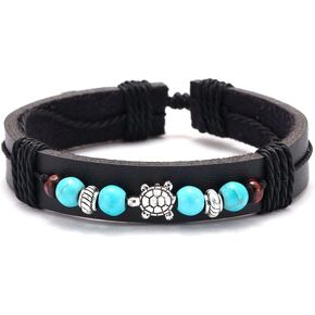 PEAS Punk Jewelry Turtle Bracelet Turquoise Tiger Eye Stone Pu Leather Drawstring Rope Bracelet