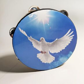 1Pcs Tambourine Dove Bible Double Row Jingle Tambourine for Adults, Wooden Handbell Hand Clap Drum Percussion Instrument (Blue)