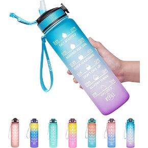Giotto 32oz Large Leakproof BPA Free Drinking Water Bottle with Time Marker & Straw to Ensure You Drink Enough Water Throughout The Day for Fitness and Outdoor Enthusiasts