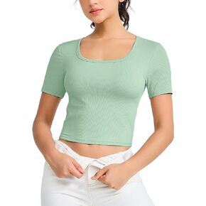THE GYM PEOPLE Women's Workout Crop Tops Short Sleeve Ribbed Ice Silk Fabric Slim Fit Square Neck Running Shirts