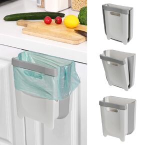 Hanging Collapsible Trash Can - 9L Wall Mounted Foldable Waste Bin for Kitchen Cabinet Door - Quickly Clean Counter, Sink, Bathroom - RV, Car, Camping Folding Garbage Basket (Gray)