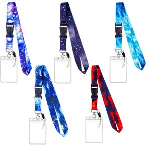 5 Pack Starry Sky Neck Lanyards with 5 Clear ID Card Holders, Cool Galaxy Lanyard Strap Keychain with Detachable Buckle for Women Men Cruise Teacher Keys Badge ID Card Phone (Starry Sky - 5pcs)