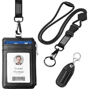 ELV Badge Holder with Zipper and Lanyard, PU Leather ID Badge Card Holder Wallet with 5 Card Slots, RFID Blocking Pocket, Adjustable Detachable Neck Lanyard with Keychain and Pen Holder