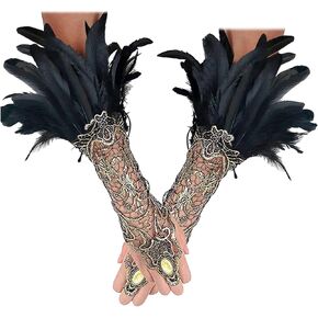 L'VOW Women's Gothic Lace Long Gloves Feather Wrist Cuffs Hollow Bracelets For Halloween Wedding Pack of 2