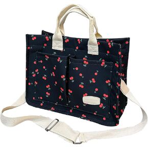 Cherry Tote Bag for Women Canvas Patched Purse Cute Shoulder Bag Multi-Pocket Satchel Handbag for work travel