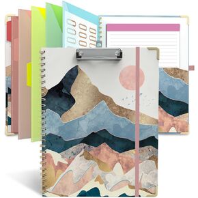 Clipboard Folio with Notepad for Letter Size (11" x 8.5"), 5 Extra Folders with Storage 10 Pockets, 39 File Folder Labels, Elastic Closure Spiral Clipboard with Storage(Abstract Scenery)