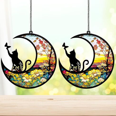 Fhiny Cat Memorial Suncatcher, 2 Pack Memorial Gift for Cat Lovers Loss of Cat Sympathy Gift Kitty on Moon Pet Remembrance Gifts Hanging Window Decor for Pet Christmas Halloween Suncatcher (Cat A) in Saudi Arabia
