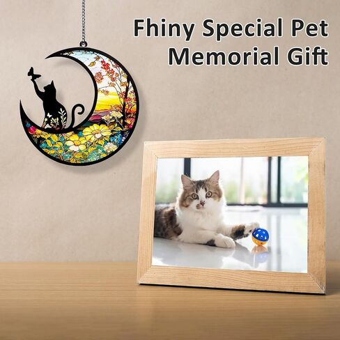 Fhiny Cat Memorial Suncatcher, 2 Pack Memorial Gift for Cat Lovers Loss of Cat Sympathy Gift Kitty on Moon Pet Remembrance Gifts Hanging Window Decor for Pet Christmas Halloween Suncatcher (Cat A) in Saudi Arabia