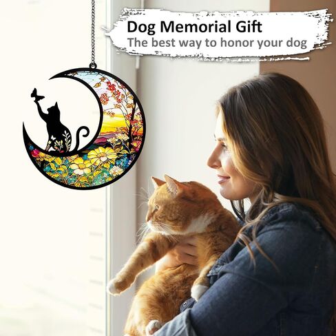 Fhiny Cat Memorial Suncatcher, 2 Pack Memorial Gift for Cat Lovers Loss of Cat Sympathy Gift Kitty on Moon Pet Remembrance Gifts Hanging Window Decor for Pet Christmas Halloween Suncatcher (Cat A) in Saudi Arabia