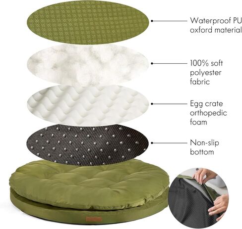 ClevaHome Orthopedic Dog Bed for Large Dogs, Dual Layer Waterproof Round Pet Bed with Washable Cover Nonslip Bottom (Olive Branch) in Kuwait